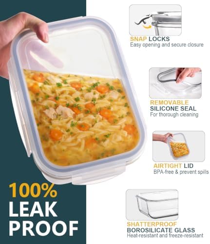Large Glass Food Storage Containers with Lids, 4 Pack, 63oz & 22oz