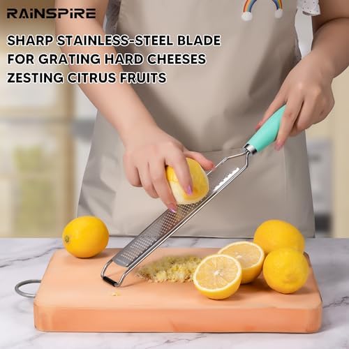 Rainspire Zester Grater with Handle, Lemon Zester Cheese Grater for Kitchen Stainless Steel, Parmesan Cheese Garlic Nutmeg Chocolate Fruits Vegetables Ginger Grater, Fine, Mint Green
