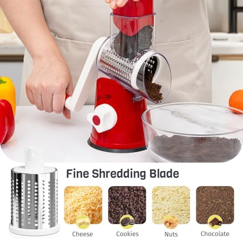 Cheese Grater Hand Crank, Rotary Cheese Shredder with 3 Interchangeable Blades for Coarse, Fine Shredding and Slicing, Strong Suction Base for Pizza, Pasta, Salad, Vegetables, Nuts, Chocolate