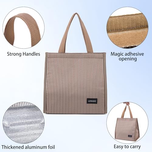 Insulated Lunch Bag for Work, 10.2"x5.9"x10.2" Oxford Waterproof Lunch Tote, Thermal Lunch Box for Office, Picnic & Outdoor, Pink and White Striped Canvas Tote Bag