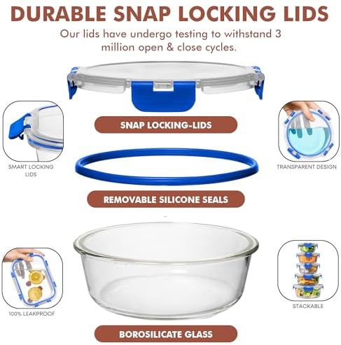 Razab 30 PC Glass Food Storage Containers with Lids - Reusable Glass Meal Prep Containers for Lunch and Leftovers - Airtight & Leakproof Snap Locking Lids - Oven, Freezer, Microwave, Dishwasher Safe