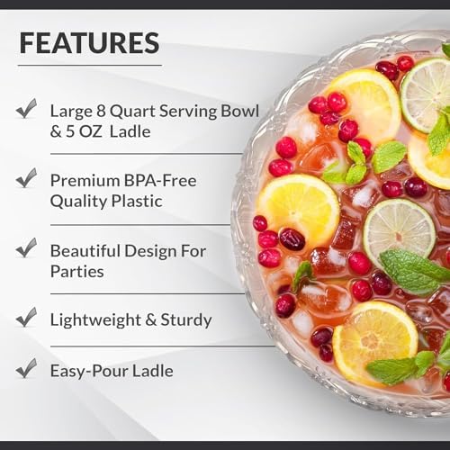 S.G Premium Quality Plastic Punch Bowl with Ladle - 2 Gallon Punch Bowl with Ladle - Embroidered Design 8 Quart large Serving Bowl with 5 oz Plastic Serving Ladle/Spoon for Parties, Holidays, and more