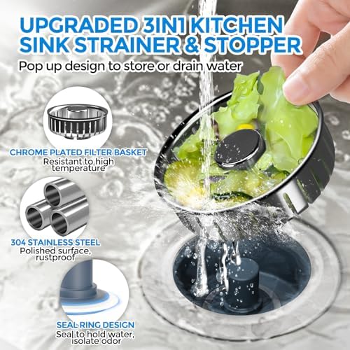 zaa Kitchen Sink Drain Strainer - Kitchen Sink Stopper, 304 Stainless Steel Sink Drain Stopper, Sink Protector for Kitchen with Anti-Clog Filter, Fit US Standard 3-1/2'' Sink Drain Hole, Gray