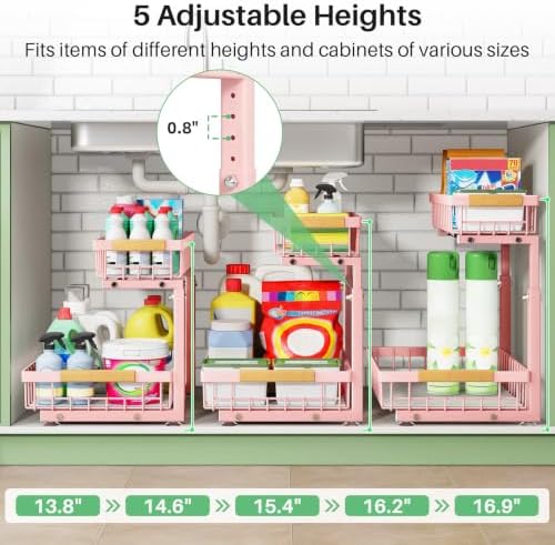 Kitstorack Under Sink Organizer, 2 Tier Under the Sink Storage, Slide out Pull out Cabinet Organizer Shelf, Metal Sliding Drawer for Kitchen Bathroom Pantry Closet Organization Rack, Pink, 1 Pack