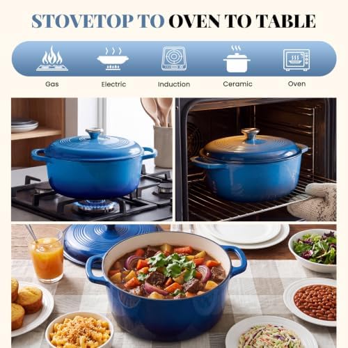 DUMOS Cast Iron Dutch Oven, 6 Quart Pot with Lid, Enameled Heavy Duty Cookware, Oven Safe to 500°F, Perfect for Bread Baking, Stews and Roasting, Moisture Sealing Lid with Dual Handles, Gradient Blue