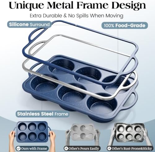 Vinino 6 Cups Jumbo Silicone Muffin Pan with Stainless Steel Frame - Blue