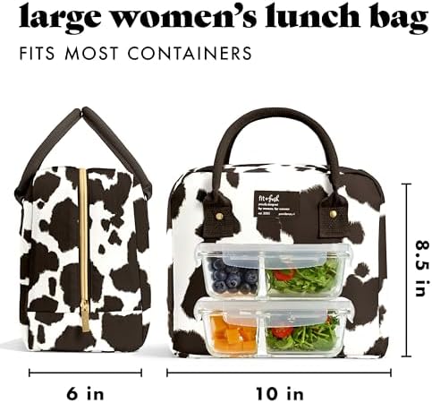 Fit & Fresh Bloomington Lunch Bag for Women - Insulated Large Lunch Box for Work with Containers, Leak-Resistant, Stain-Resistant, Zipper Closure Cowhide Brown on Brown
