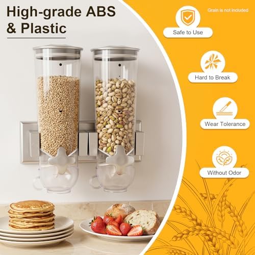 Wall Mount Dry Dispenser, 2-Bucket Cereal Dispenser with 3L/101oz Capacity for Rice, Pasta, Coffee Beans, Nuts, and Pet Snacks, Space Saving Kitchen Storage