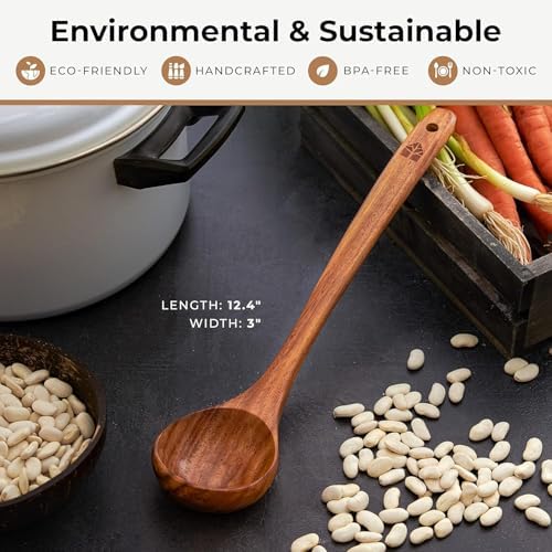 Wooden Ladle for Cooking, 12.4" Teak Soup Spoon, Medium 2 oz Serving Scoop