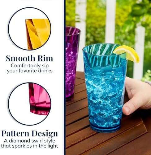 US Acrylic Optix Plastic Reusable Drinking Glasses (Set of 8) 20oz Water Cups in Jewel Tone Colors | BPA-Free Tumblers, Made in USA | Top-Rack Dishwasher Safe (Pack of 3)