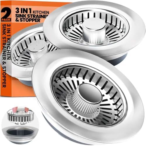 3 in 1 Kitchen Sink Drain Strainer and Stopper Brushed Silver
