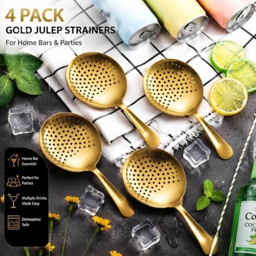 Boao 4 Pack Julep Strainers Stainless Steel Strainer Cocktail Spoon, Gold