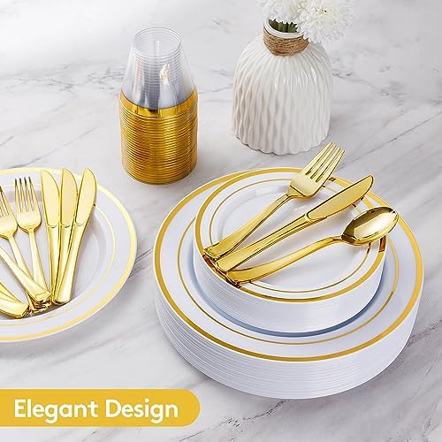 Goodluck 300 Pieces Gold Disposable Dinnerware Set for 50 Guests