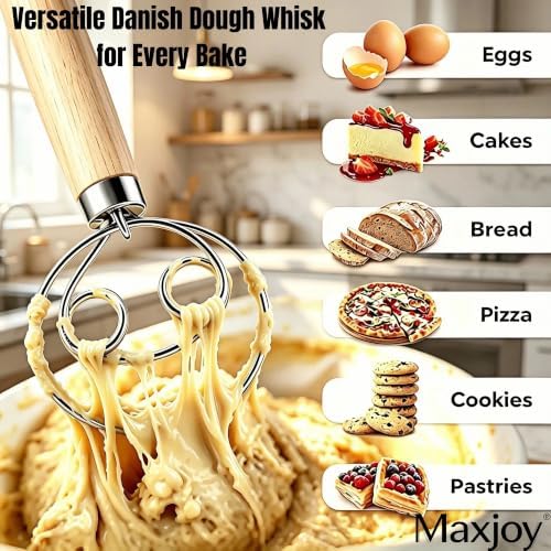 Maxjoy Danish Dough Whisk, Stainless Steel Wood Handle for Sourdough Bread