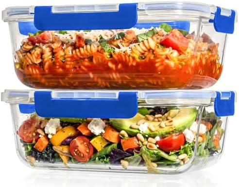 Razab 2 Pcs 1860ml / 63 Oz Large Glass Food Storage Containers with Lids - Glass Meal Prep Containers with Locking Lids for Roasting, Storing Leftover, Lunch Container, BPA Free, Microwave & Oven Safe