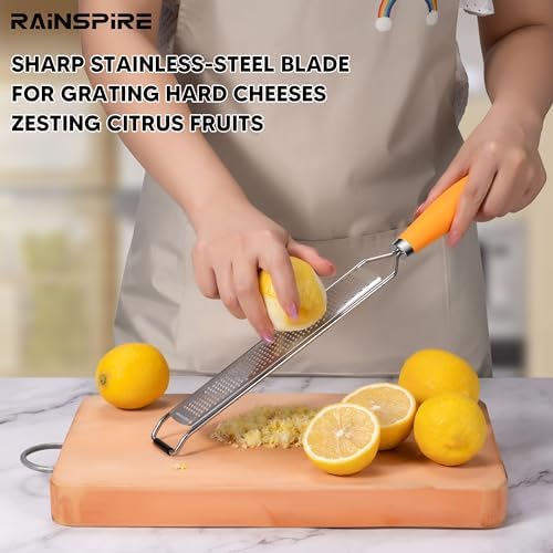 Rainspire Zester Grater with Handle, Lemon Zester Cheese Grater for Kitchen Stainless Steel, Parmesan Cheese Garlic Nutmeg Chocolate Fruits Vegetables Ginger Grater, Fine (Orange)
