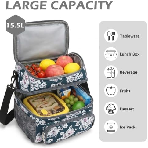 FlowFly Double Layer Cooler Insulated Lunch Bag Adult Lunch Box Large Tote Bag for Men, Women, With Adjustable Strap,Front Pocket and Dual Large Mesh Side Pockets