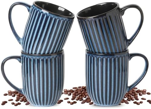 HASENSE 16 oz Ceramic Coffee Mugs Set of 4, Ribbed Navy Blue Coffee & Tea Cups, Dishwasher & Microwave Safe, Ideal for Housewarming & Wedding Gifts