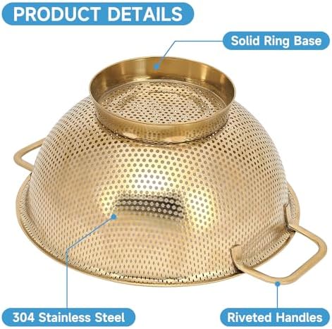 Gold Strainer for Kitchen, 5QT, Stainless Steel Colander with Handle for Fruits Vegetables Cooking Food, Dishwasher Safe