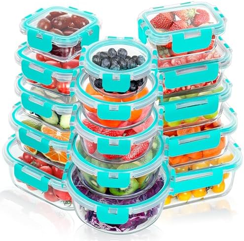 VERONES 30 Pieces Glass Food Storage Containers Set with Lids, Green