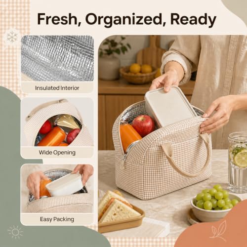Bluboon Lunch Box for Women Cute Lunch Bag Reusable Insulated Lunch Bags Large Capacity Lunchbox Cooler for Work Picnic or Travel Gifts (Sage Green Checker, 10 x 7.5 x 8 inches)