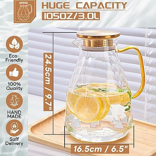 Glass Pitcher, 3 Liter Water Pitcher With Lid