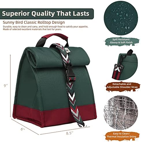 SUNNY BIRD Insulated Lunch Bag Rolltop Lunch Box (Green with Boho strap)