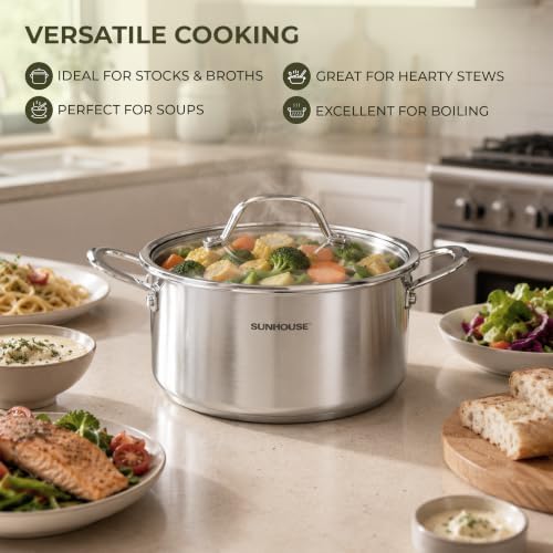 SUNHOUSE 3.5 QT Fully Clad Tri-ply Stainless Steel Stock Pot with Glass Lid