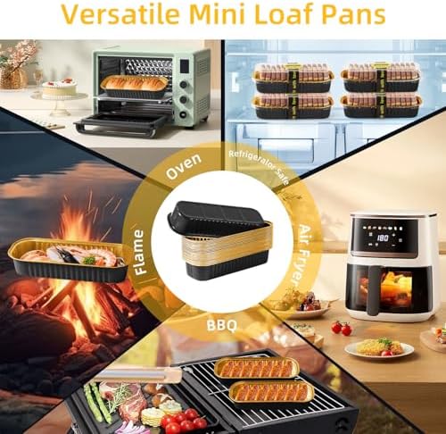 100 Pack 6.8 oz Rectangular Mini Loaf Pans with Lids and Spoons,Disposable Aluminum Foil Mini Cake Pans and Baking Tins with Sealing Stickers, Individual Black Dessert Containers for Parties