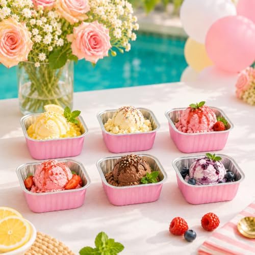 NPLUX Mini Cake Pans with Lids, 50 Pack Pink 5oz for Picnic Desserts