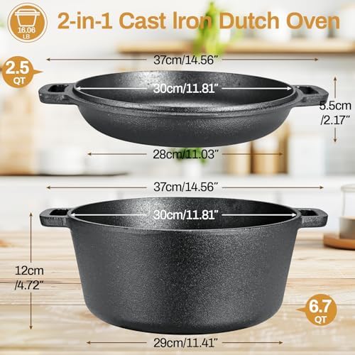 TLGREEN Cast Iron Dutch Oven 6.7QT Pot 2.5QT Skillet Lid Silicone Holders