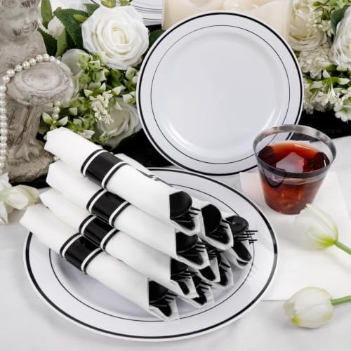 WELLIFE 350Pcs Black Plastic Dinnerware with Pre Rolled Napkins, Include:50 Dinner Plates, 50 Dessert Plates, 50 Paper Napkins, 50 Cups, 150 Plastic Cutlery