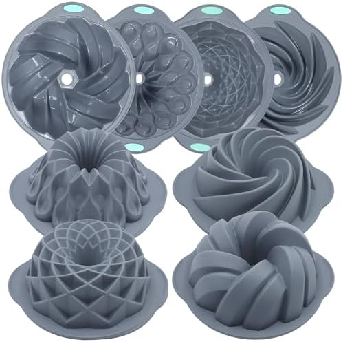 Tongjude 4 Pieces Silicone Fluted Cake Pans, 6/7/8 Cups Tube Baking Pan, Non-Stick Kitchen Oven Baking Pans, Silicone Molds for Homemade Cake, Bread and Jello, Grey