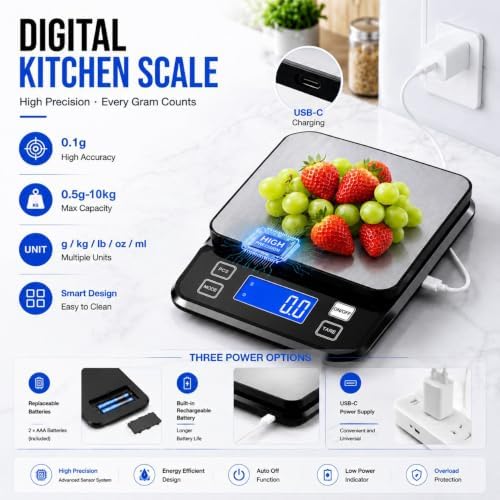 Waterproof Digital Kitchen Scale 0.001oz/0.1g Precision, Stainless Steel Electronic Scale with 3 Power Options (Rechargeable/AAA/Built-in), 10 Units Conversion, Smart Standby, 22lb/10kg Capacity
