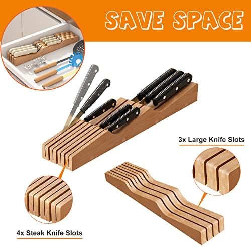 In-Drawer Knife Block Organizer - Bamboo Wood Drawer Knife Organizer-Protecting Knife Organizer Block (Not Included) (Natural, 7 Knives Dock)