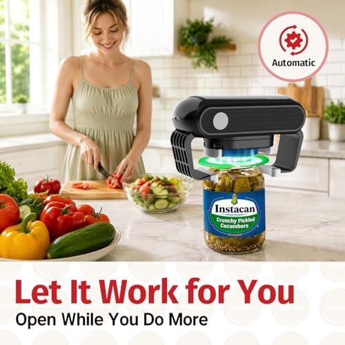INSTACAN Effortless Electric Jar Opener Easy Opens Twist-Lid, One Handed Automatic Jar Opener for Weak Hands & Seniors with Arthritis, Battery Operated Essential Kitchen Gadgets Gift for Home