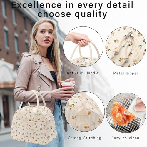 Carry bloom Lunch Box for Women, Insulated Lunch Bag Cute Corduroy Lunchbag Reusable Lunchbox for Work (flower yellow)