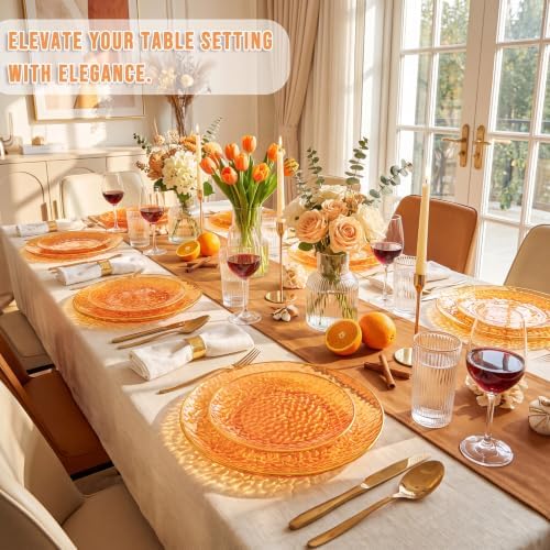 Rubtlamp 60Pcs Orange Plastic Plates, Orange Disposable Plates With Gold Rim, Hammered Plastic Plates Include 30 Dessert Platos, 30 Dinner Platos for Party