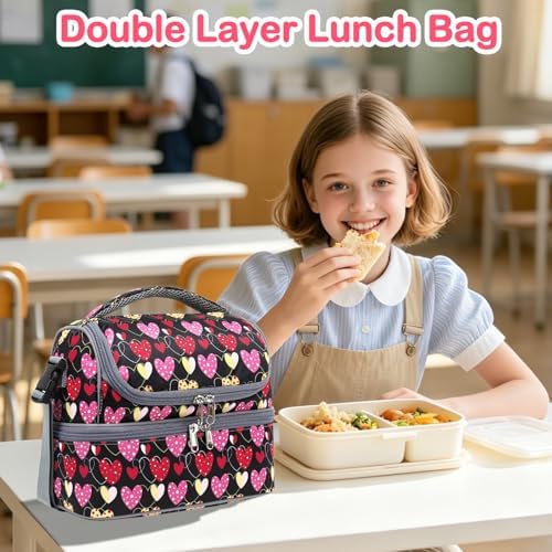 FlowFly Double Decker Cooler Insulated Lunch Bag Large Tote for Boys, Girls, Men, Women, With Adjustable Strap,Heart