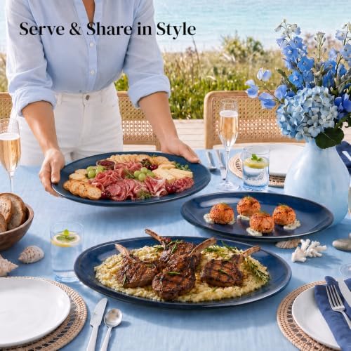 DOWAN Large Serving Platters Set of 2, 16 Inch Oval Serving Tray for Food Meat, Ceramic Serving Dishes for Dinner, Parties & Entertaining, Oven & Dishwasher Safe Platter, Navy Blue