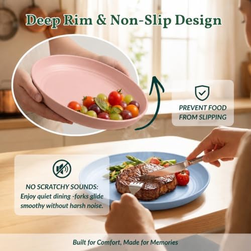 Homienly Deep Dinner Plates Set of 8 Unbreakable Wheat Straw Plates Plastic Reusable Plates for Kitchen, Picnic, RV, Dishwasher and Microwave Safe Plates for Salad, Dessert (Fresh Light, 9 inch)