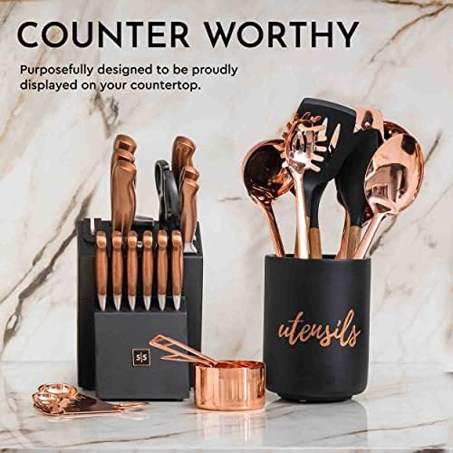 Styled Settings Copper Knife Set with Block & Built-In Sharpener, 14-Piece