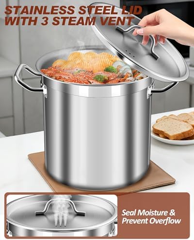 35 Quart Stainless Steel Cooking Pot - Stock Pot with Lid - Large Soup Pot for Cooking, Stew, Pozole, Pasta - Induction Compatible - Ideal for Home & Commercial Use