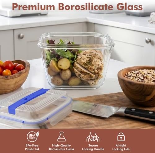 Razab 2700ml / 91oz / 11.5 Cups Large Glass Food Storage Container with Lid - Leakproof Glass Meal Prep Container for Roasting & Storing Leftovers, Glass Lunch Container, Microwave & Oven Safe