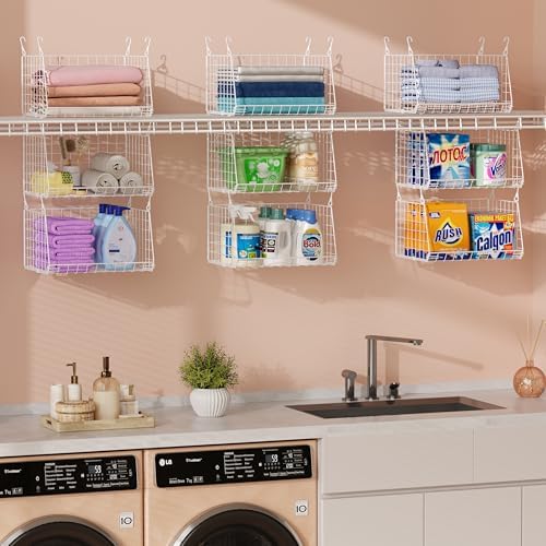3-Tier Hanging Laundry Basket Organizer：Foldable Wire Shelf Laundry Room Organizer with 360°Rotating Hooks Small Space Solutions Closet Hanging Organizer - Laundry Organization, White Patent