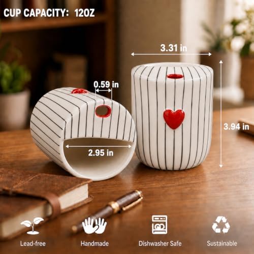Ceramic Coffee Mug with Sip Hole, 12oz Striped Coffee Cup