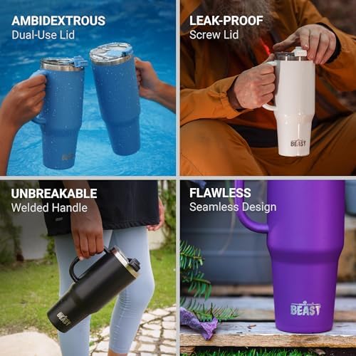 Beast 42 oz Tumbler with Handle Stainless Steel Vacuum Insulated Coffee Ice Cup Double Wall Travel Flask (Aquamarine Blue)