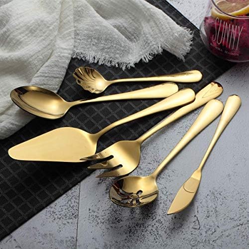 Berglander Stainless Steel Golden Titanium Plated Flatware Serving Set 6 Pieces, 5 Serving Pieces of 45 Pieces Flatware With 1 Cake Server, Serving Silverware Set (Shiny Golden)