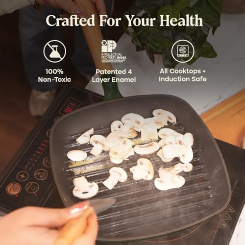 CUMIN CO. Enameled Cast Iron Grill Pan 10 Inch, 1.2 QT Grill Skillet – Non Toxic PFAS Free Cookware – 4 Layer Enamel Coating – Indoor Grill Pan for Steak, Chicken, Burgers & Vegetables (Green)