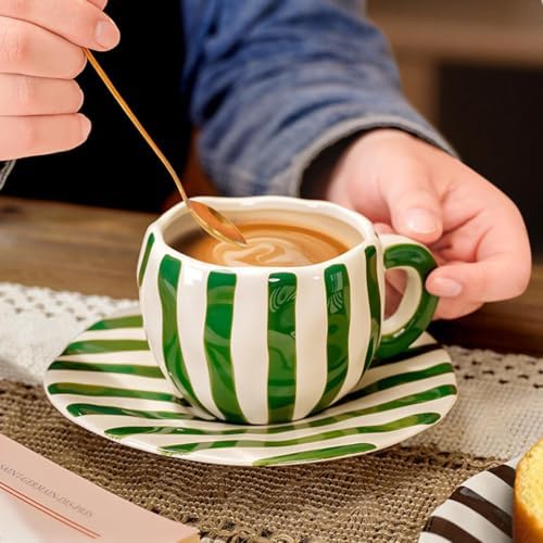 Espresso Cups Ceramic Coffee Mug Series European Striped Dot Coffee Cup And Saucer Mug Cake Plate Afternoon Tea Set Tea Cup And Saucer (Green 4)